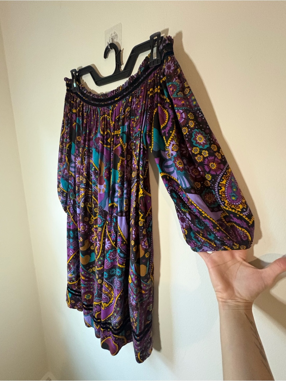 Boho Off-Shoulder Peasant Dress Tunic in Purple Paisley